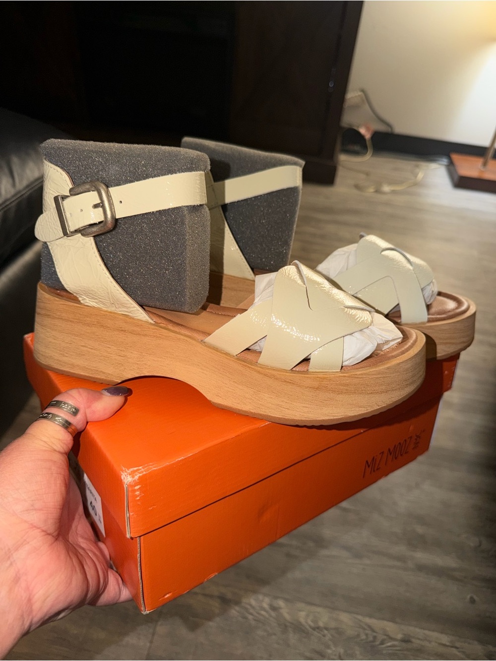 Miz Mooz Cream Leather Wedge Sandals with Ankle Strap - Picture 5 of 6